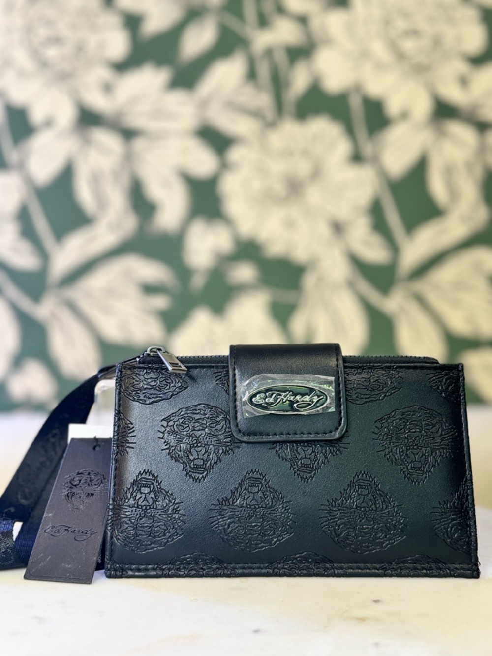 Ed Hardy Black Embossed Leather Wristlet Clutch NWT